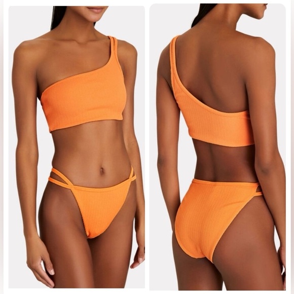 NWT Jonathan Simkhai Umi Textured One Shoulder Bikini Top & Bottom Set Orange XS - Picture 1 of 11